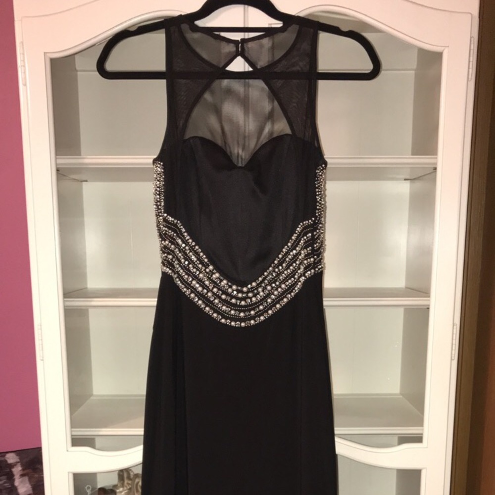Long black prom dress with pearl and diamond back